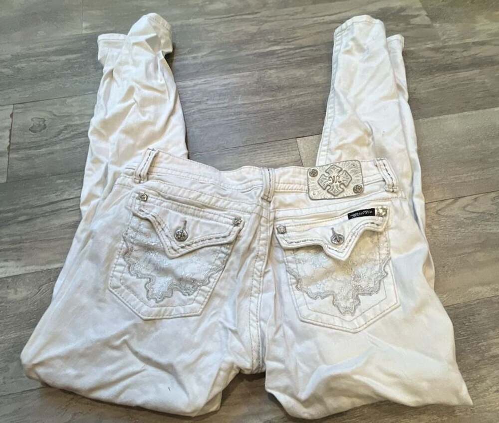 Miss Me Jeans Size 32 White Skinny Metallic Lace Flap Pocket Denim